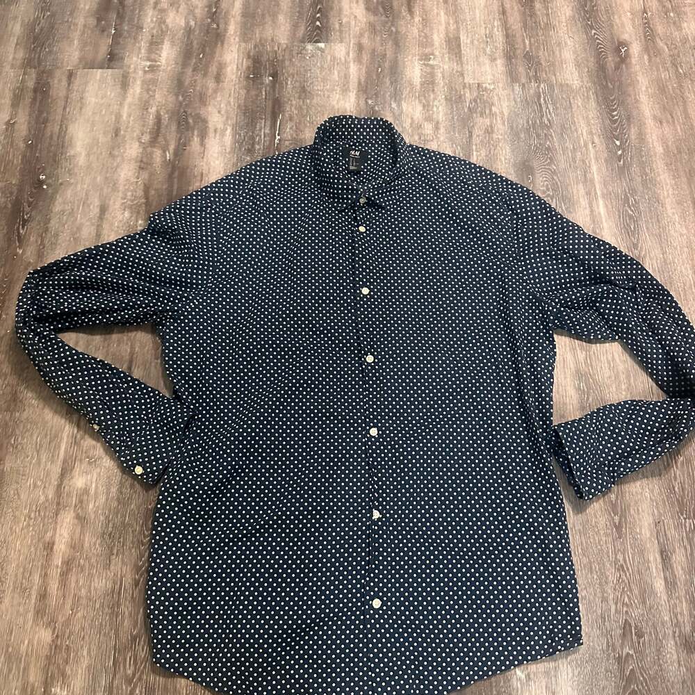 H&M Slim Fit Navy Blue Polka Dot Button Down Long Sleeve Shirt
